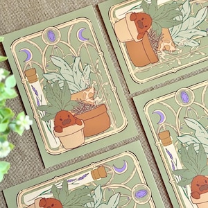 Mandrágora com Estufa - Impressão de Ilustração A6 | Cartão Postal de Mandrágora | Decoração de Bruxa Verde | Plantas Mágicas