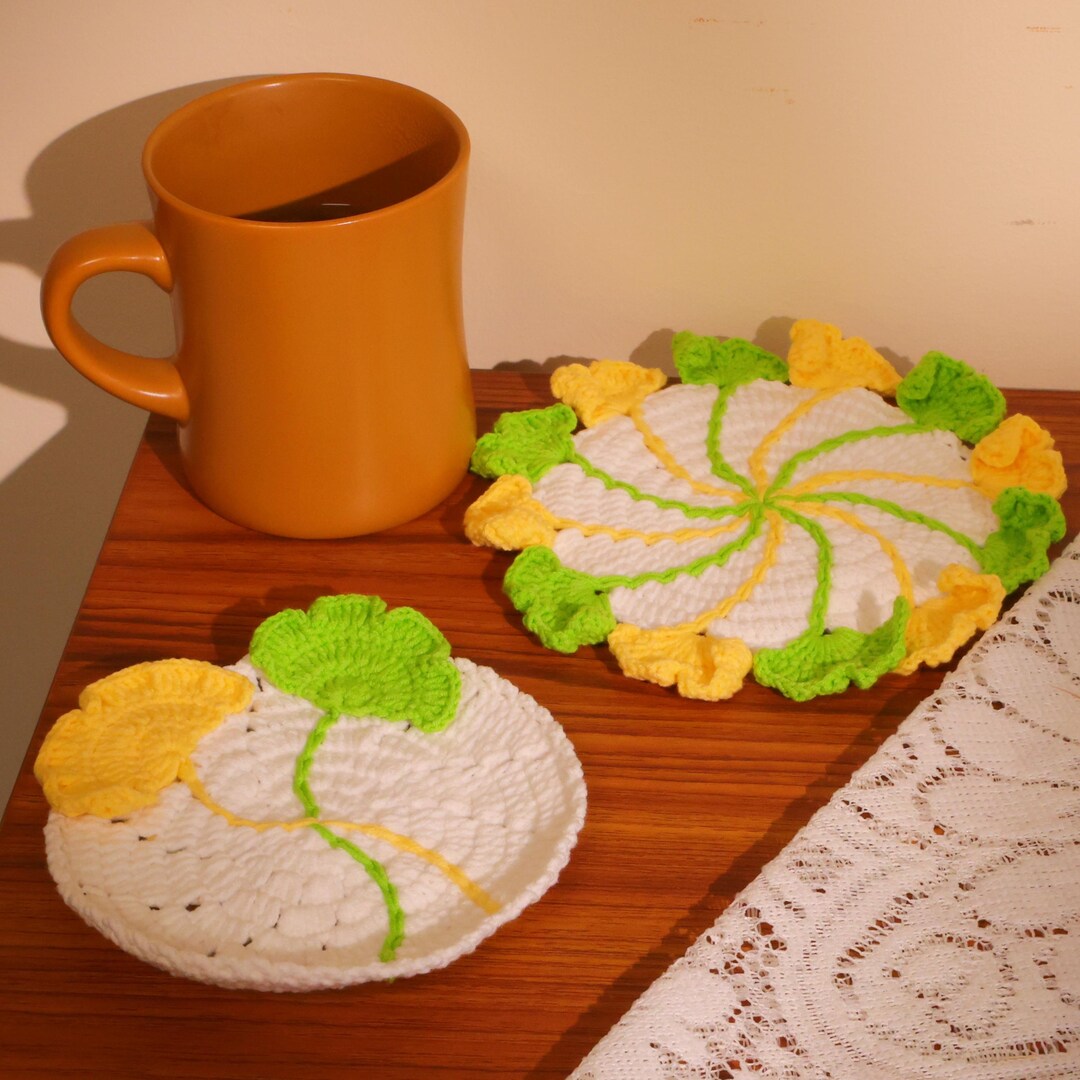 Crochet Ginkgo Biloba Leaf Coaster, Handmade Round Flower Cup