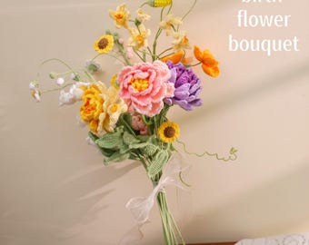 Custom Crochet Birth Month Flower Bouquet -Handmade Family Bouquet, Personalized Gift for Mom, Housewarming gift for friends, Home decor