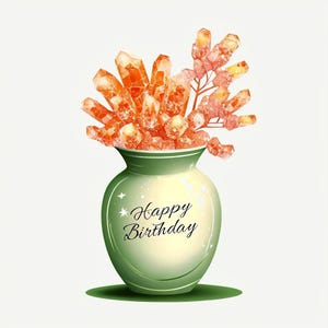 Cartão de feliz aniversário com buquê de cristal digital, cartão com impressão de arte floral em cristal, modelo de cartão simples e para download