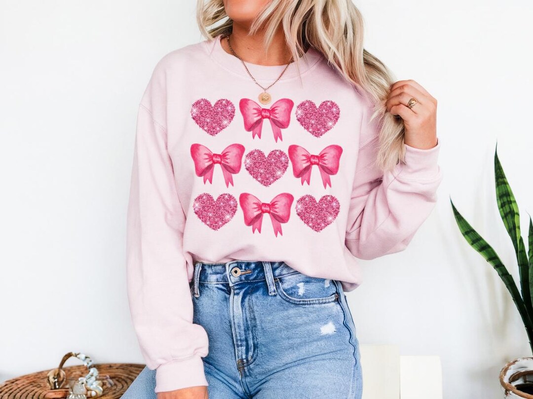 Glitter Valentines PNG | Pink Bow & Hearts Sublimation Design (digital ...