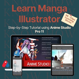 Può includere: Uno schermo di computer che mostra un tutorial su come utilizzare Anime Studio Pro 11 per creare illustrazioni manga. Il tutorial è intitolato "Learn Manga Illustrator" e include 98 clip. Lo schermo mostra un design di personaggio in corso.