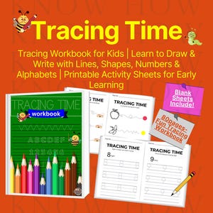 May include: A colorful workbook titled "Tracing Time" with a bee illustration and the text "80 pages - Fun Tracing Workbook". The workbook includes tracing activities for lines, shapes, numbers, and letters. Blank sheets are also included.