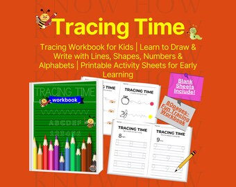 May include: A colourful workbook titled "Tracing Time" with a bee illustration and the text "80 pages - Fun Tracing Workbook". The workbook includes tracing activities for lines, shapes, numbers, and letters. Blank sheets are also included.