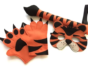 Children's Safari Jungle TIGER Animal Felt Costume Set Mask Tail and Paws