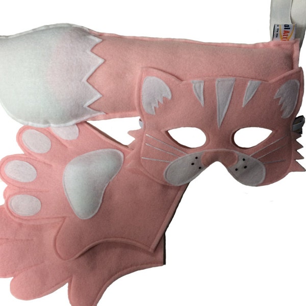 Children's Animal CAT Felt Costume Set Incluidng Mask, Tail and Matching Paws