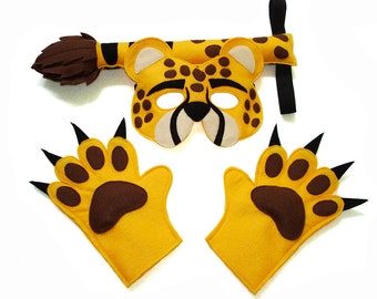 Children's Safari Animal CHEETAH Felt Mask Tail and Paws Costume Set