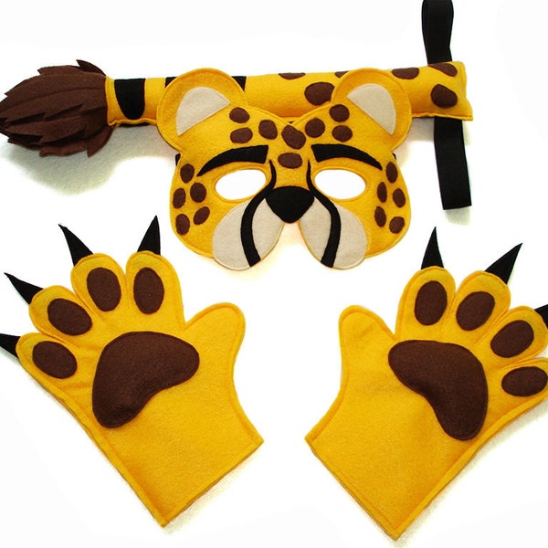 Children's Safari Animal CHEETAH Felt Mask Tail and Paws Costume Set