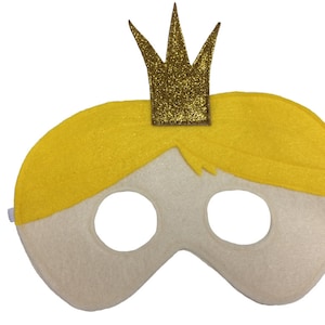May include: A felt mask with a yellow hairpiece and a gold glitter crown. The mask has two eye holes and is designed to be worn over the eyes.