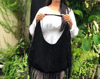 Black Suede Fringe Crossbody Bag: Genuine Leather Boho Purse