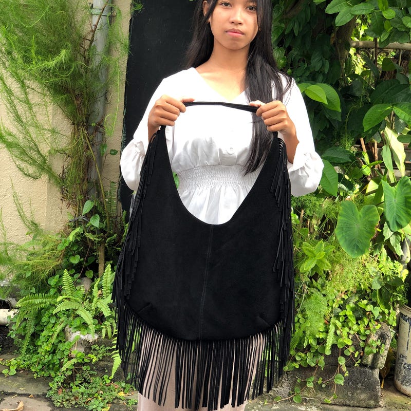 Fame Rivet Trim Suede Fringe Shoulder Bag