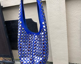 Genuine leather Studded Bag Blue Medium,give for him