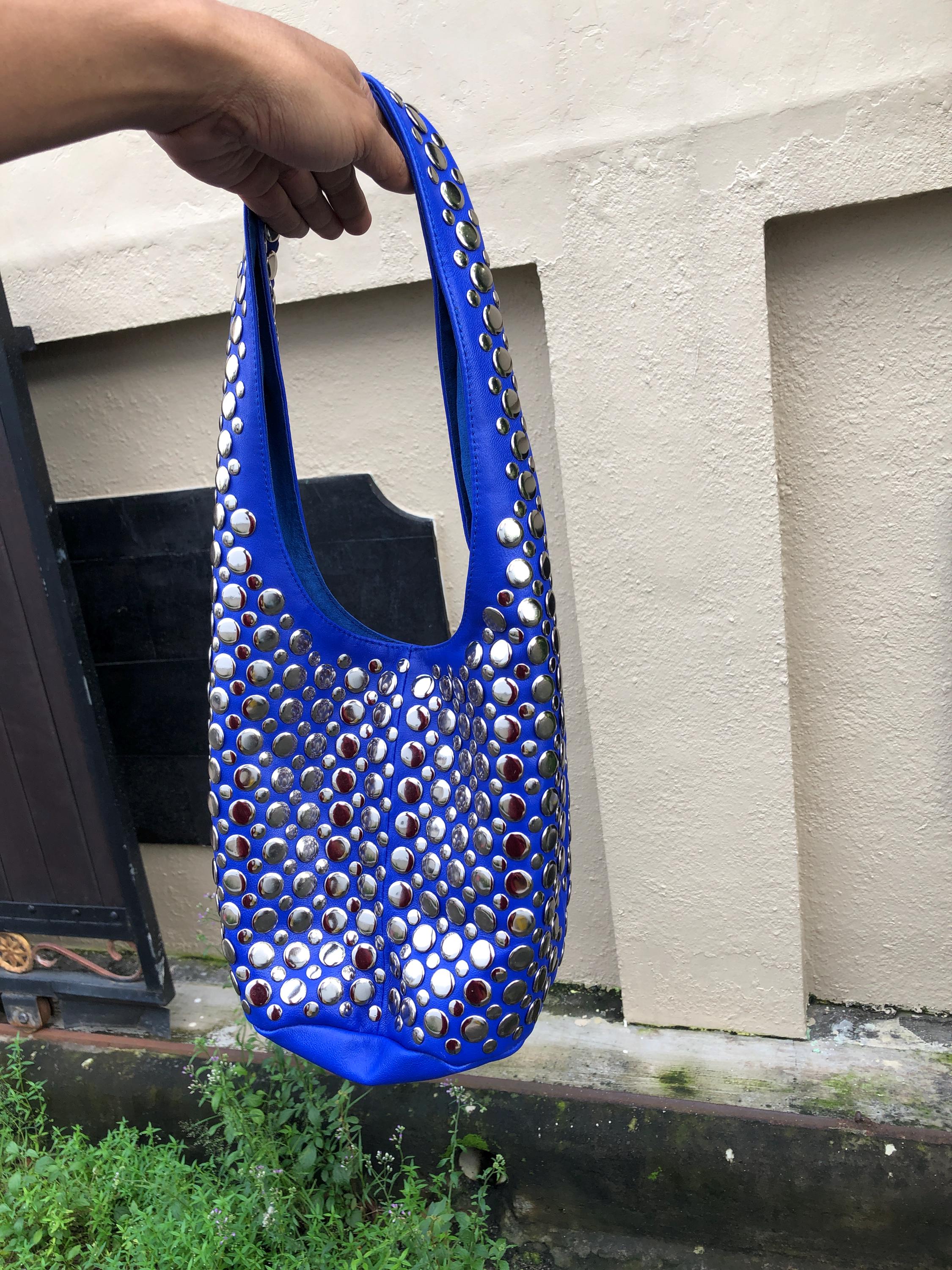 Genuine Leather Studded Bag Blue Medium,give for Him - Etsy