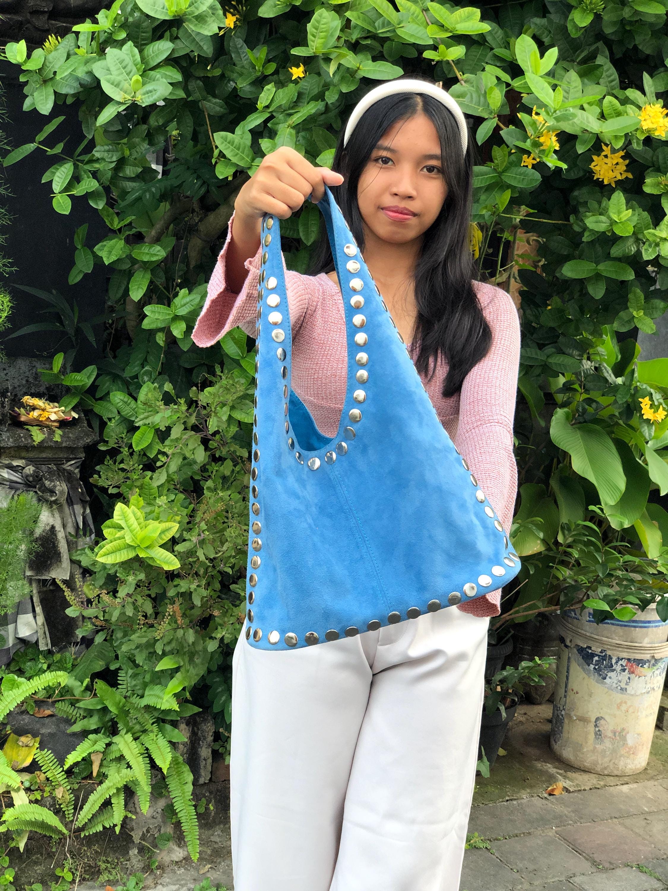 Light Blue Suede Leather Bag With Silver Studs Handmade - Etsy