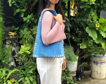 Light Blue Suede Leather Bag With Silver Studs Handmade - Etsy