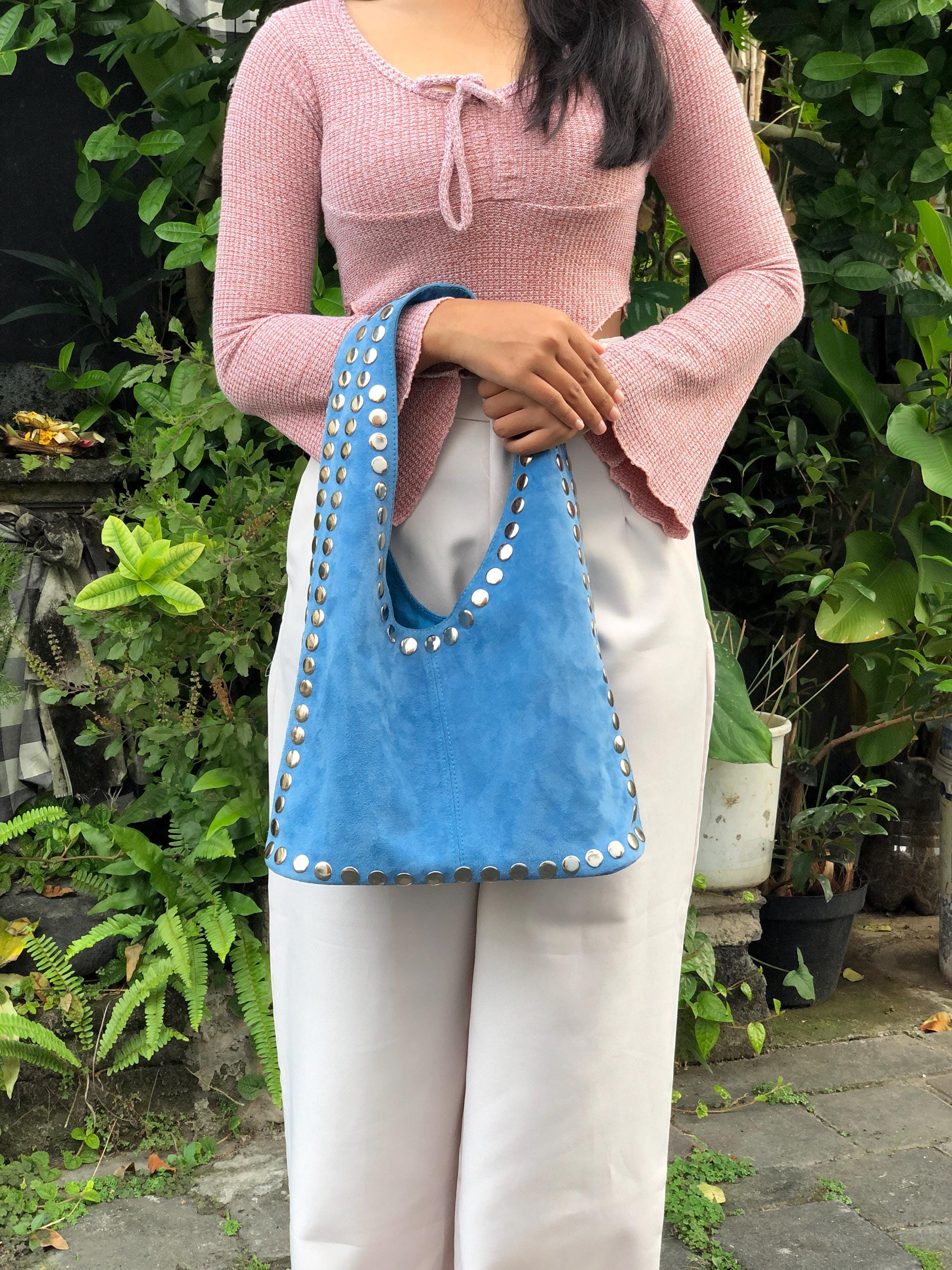 Light Blue Suede Leather Bag With Silver Studs Handmade - Etsy