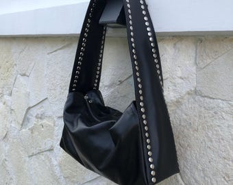 Shoulder Bag Leather Black ,Studded Bag