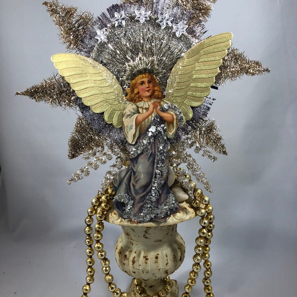 Victorian look lavender Angel, Vintage tinsel, Mica, spun glass Tree topper