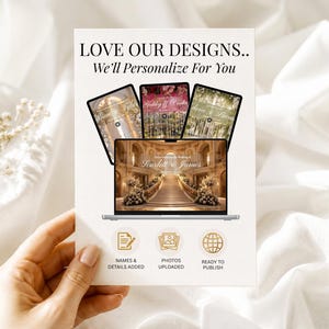 Puede incluir: Una tarjeta informativa blanca con el texto LOVE OUR DESIGNS.. We'll Personalize For You. Muestra la pantalla de un portátil con una invitación de boda, tres pantallas de tablet más pequeñas y tres iconos dorados etiquetados como NAMES & DETAILS ADDED, PHOTOS UPLOADED y READY TO PUBLISH.