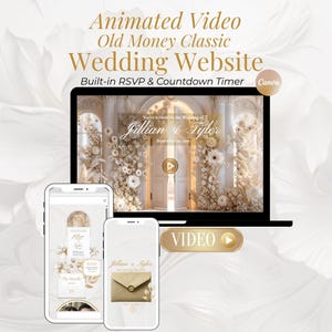 Modello Canva per sito web di matrimonio in stile "White Gold Old Money", con timer animato per il conto alla rovescia delle conferme di partecipazione.