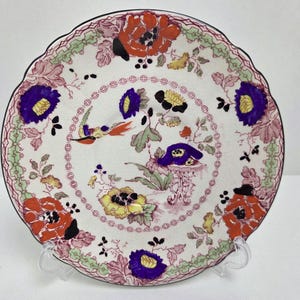 Antique Mason&#39;s Persiana Ironstone Plate: Hand-Painted Floral & Bird Motif