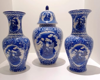 Vintage 1970s Delft Blue Porcelain Vase Set – Hand-Painted Dutch Cabinet Trio. With Free Gift.