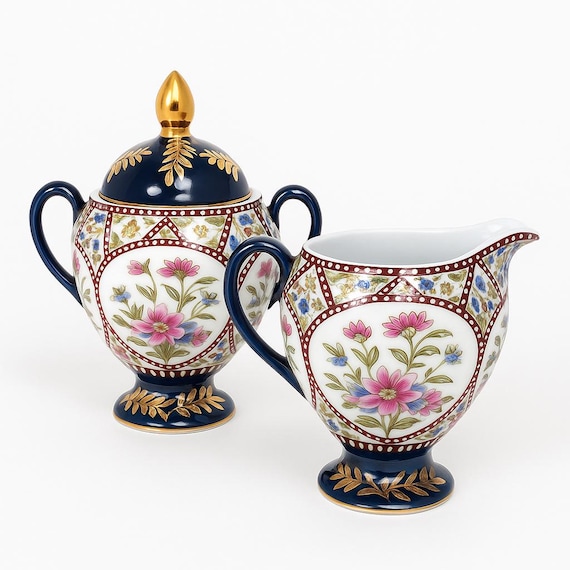 手描き磁器製シュガーボウル＆コバルトブルークリーマー