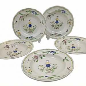 Set of 5 Vintage French Faience Plate Moustiers - Longchamp Bird Floral Decor Hand Painted