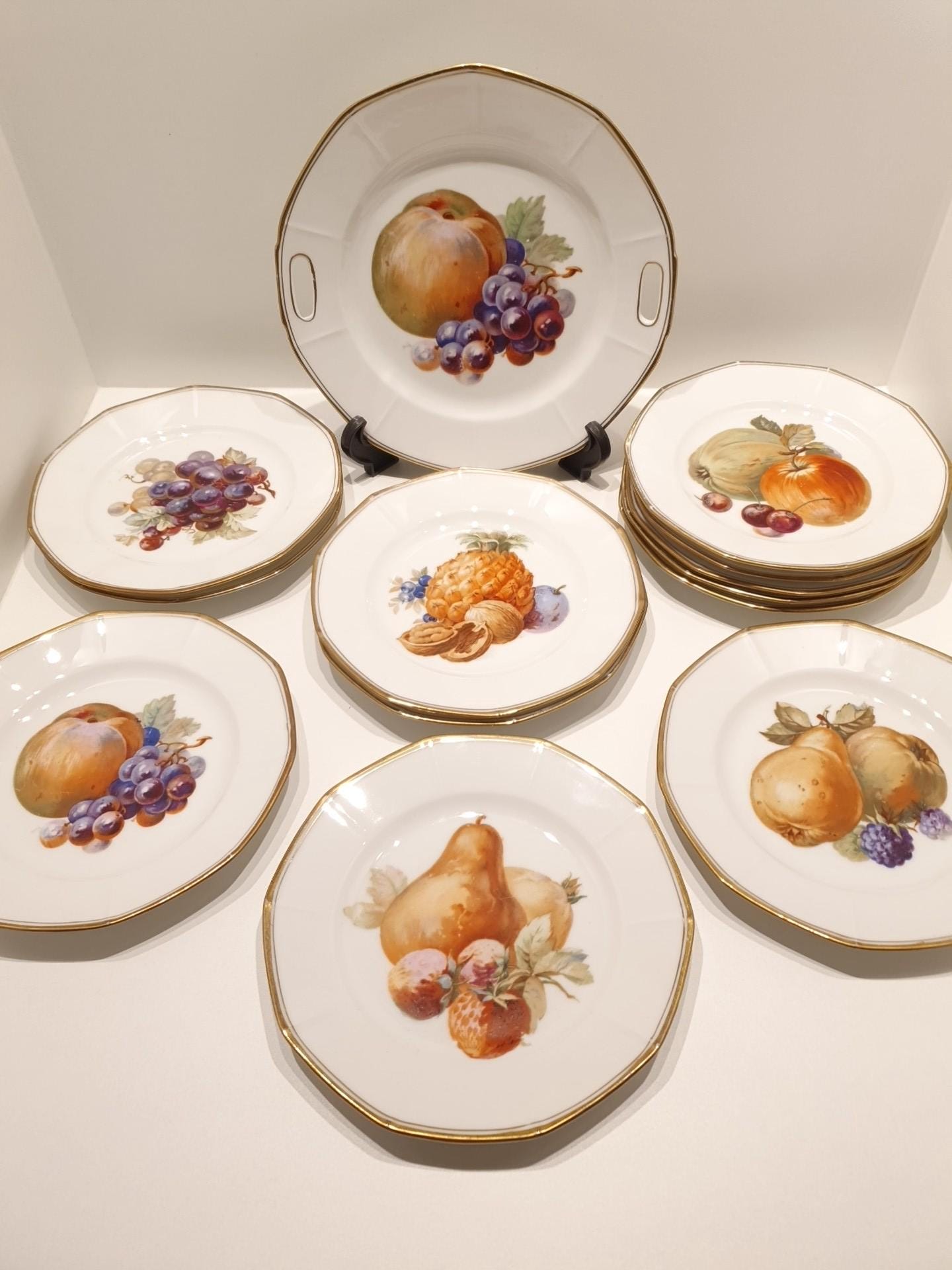 Antique Czech Decem Facies Porcelain Fruit Plates - Art Deco 1930s