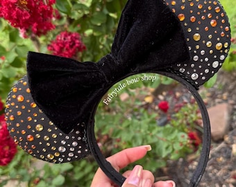 Halloween Minnie ears, Rhinestone candy corn Mouse ears, Sparkly Disney Headband, Black velvet bow ears for Halloween, Disney park ears