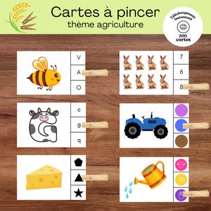 Cartes à pincer : thème agriculture (alphabet, chiffres, couleurs, formes, sens)