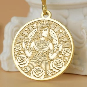 Ishar Necklace - Gold Plated Sumerian Goddess Pendant - Symbol of Love & War - Mesopotamian Mythology Jewelry