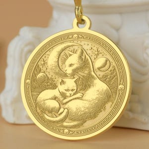 Celestial Cat Pendant: Engraved Moon & Stars, Sterling Silver Necklace