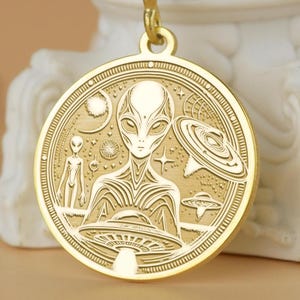 Gold Plated Alien Pendant Necklace: Sci-Fi Space Jewelry