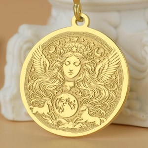 Nyx Night Goddess Necklace – Gold Mythical Charm Pendant with Moon, Wings & Earth Orb, Witchy Gift for Lunar