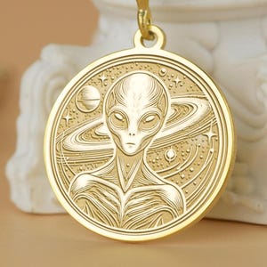 Gold Plated Alien Pendant Necklace: Cosmic Sci-Fi Jewelry