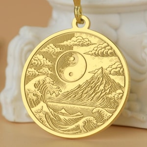 Yin Yang Wave & Mountain Pendant: Engraved Sterling Silver Necklace