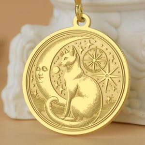 Celestial Cat Necklace: Engraved Moon & Star, Sterling Silver, Gold Plated