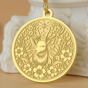 Forest Spirit Necklace – Golden Deer Talisman in Floral Sanctuary | Nature-Inspired  Deep Engraved Pendant
