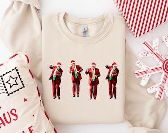 面白いトランプクリスマススウェットシャツ、踊るサンタトランプセーター、共和党ホリデーギフト、クリスマストランプクルーネック