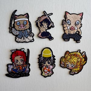 Demon Slayer Anime Embroidered Patches Set of 6 – Inosuke, Zenitsu, Tanjiro, Nezuko, Rengoku, Giyu – Iron On / Sew On