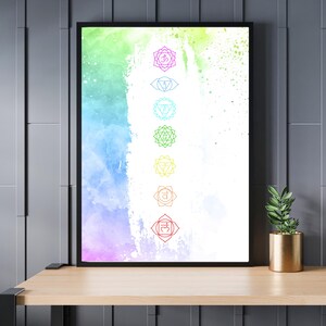 Pode incluir: Uma impressão de aquarela que apresenta os sete chakras, cada um representado por uma cor e um símbolo diferentes. Os chakras estão dispostos verticalmente, com o chakra raiz na parte inferior e o chakra coroa na parte superior. O fundo é uma suave aquarela pastel.