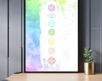 Op de afbeelding: Een aquarelprint met de zeven chakra's, elk weergegeven met een andere kleur en symbool. De chakra's zijn verticaal gerangschikt, met de wortelchakra onderaan en de kroonchakra bovenaan. De achtergrond is een zachte, pastelkleurige aquarelwas.