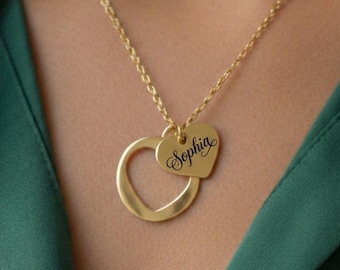 Personalized Heart Necklace, Engraved Heart Cutout Necklace, Custom Name Pendant 18K Gold PVD Coated Necklace, Valentines Day Gift for Her