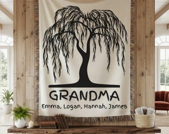 Personalized Grandma Blanket with Family Names Tree Design Custom Name Throw Valentine Day Gift for Nana Gigi Mimi