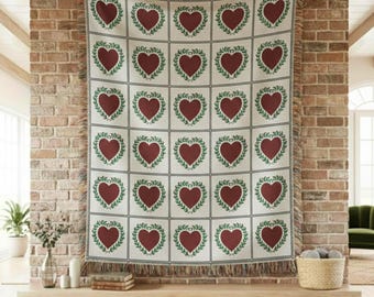 Valentine Hearts Woven Cotton Blanket, Anniversary Gift for Girlfriend, Gift for Wife, Grandma Throw Blanket, Cozy Home Decor