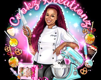 May include: Illustration of a smiling chef in a white uniform holding a knife and standing next to a blue mixer. The image includes the text "Cookz Kreations" and various treats like caramel apples and chocolate-covered strawberries.