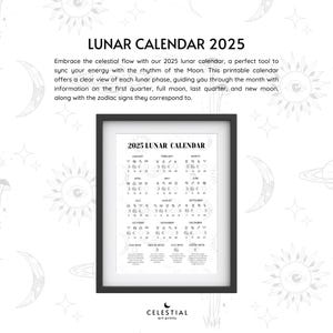 Lunar Calendar 2025, Moon Calendar, Printable Moon Phase Calendar, Astrology Printable, Lunar Phase Digital Download, Celestial Gift Ideas