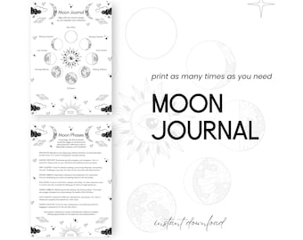 Pode incluir: Diário lunar imprimível em preto e branco com ilustrações das fases da lua e um título de diário lunar. O texto diz "Moon Journal" e "Moon Phases".