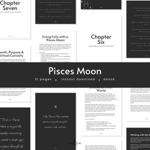 Può includere: Un ebook digitale intitolato "Pisces Moon" con un design minimalista in bianco e nero. La copertina mostra il titolo, insieme a "31 pagine" e "download istantaneo". Le pagine sono progettate per la crescita spirituale.